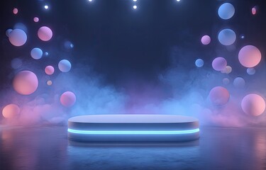 An oval platform with neon blue light, sits on a dark floor amidst pastel spheres floating in blue and pink smoke under spotlights