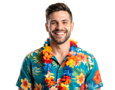 Fototapeta Smiling tourist in Hawaiian shirt, travel and vacation concept, isolated on a transparent background.