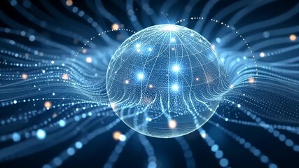 Futuristic digital globe with glowing network points and fluid data streams - Powered by Adobe