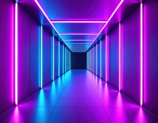 Neon lights illuminate a futuristic hallway.