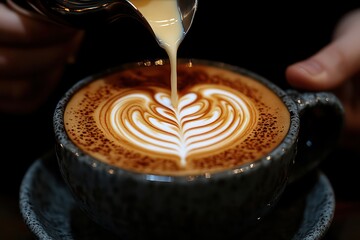 Barista pours milk creating heart latte art in fresh coffee