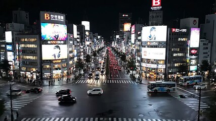Cinematic Drone Aerial View of Urban Skyline Downtown at Night with Famous Landmarks and Modern Architecture, 4K Footage