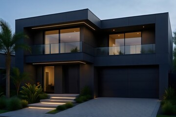Modern Black Luxury House at Dusk