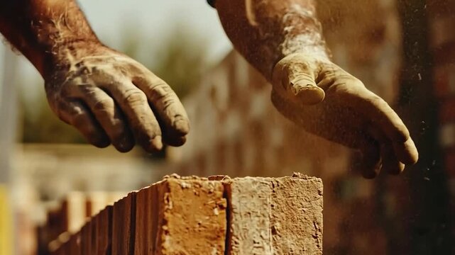 Closeup of hands laying bricks in construction site with focus on worker building wall daytime - Powered by Adobe