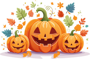 Cartoon style jack o lantern trio with bright orange tones and decorative autumn foliage