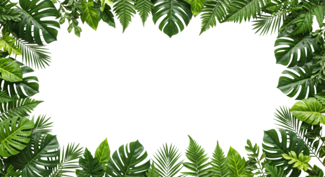 Lush, vibrant tropical Monstera, palm, fern, philodendron leaves with intricate veins, rich greens on a high-key transparent studio background with copy space, clean innovation concept - Powered by Adobe