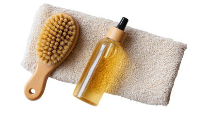 Natural Body Oil and Dry Brush Set with Cotton Towel on Transparent Background

