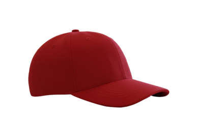Vibrant red plain baseball cap resting on a pristine minimalist desk, blurred modern office background with soft natural daylight, concept of innovation and modern work culture
