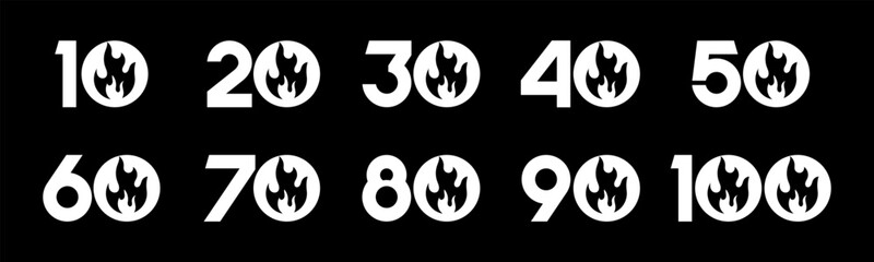 Set of collection numbers 10 to 100 with fire vector illustration. Flames with numbers 10, 20, 30, 40, 50, 60, 70, 80, 90, 100 for greetings, anniversary and more.