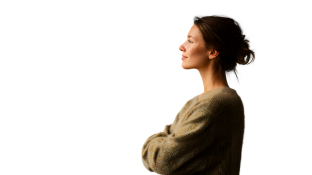 Woman in sweater with arms crossed looking to the side against a black background in profile view