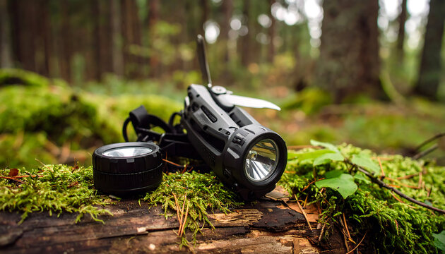 Black MultiTool Flashlight and Compass on Wooden Log in Forest.