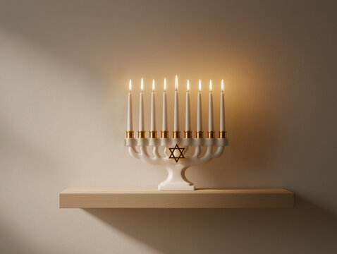 Modern white menorah with lit candles on wooden shelf