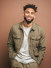 Obraz premium Man smiling in casual outfit against a brown background.