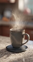 A gray mug of steaming coffee on a countertop