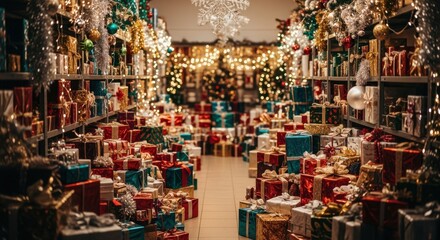 Fototapeta premium Seasonal stockroom filled with assorted wrapped gifts and sparkling Christmas decorations.