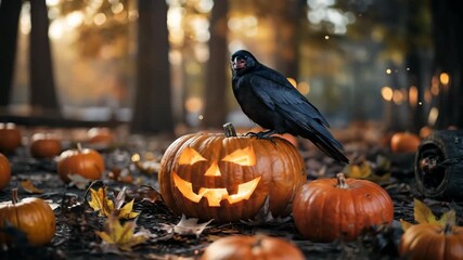 Spooky Halloween scene with a jack-o-lantern and raven, perfect for seasonal marketing, holiday greetings, and festive content creation