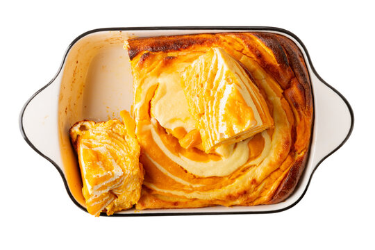 Homemade marble pumpkin cake. Zebra pie isolated on white background. Top view.