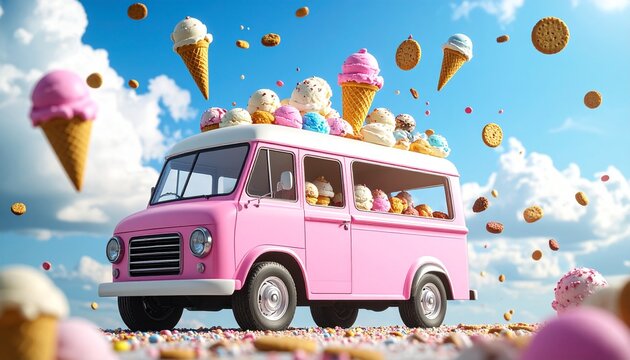 Whimsical Pink Ice Cream Truck Laden with Delicious Cones Under a Summer Sky - Powered by Adobe