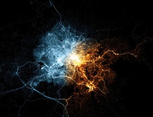 Abstract city map, light trails in cool and warm tones