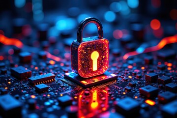 Cybersecurity Concept with Digital Lock on Circuit Board