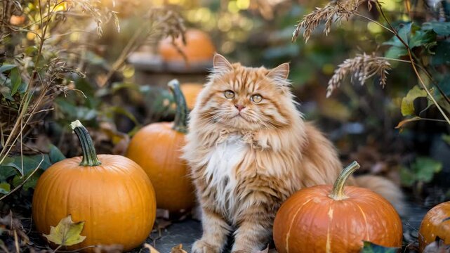 Fluffy orange cat with captivating gaze sits among pumpkins, creating a charming autumn harvest scene perfect for fall promotions