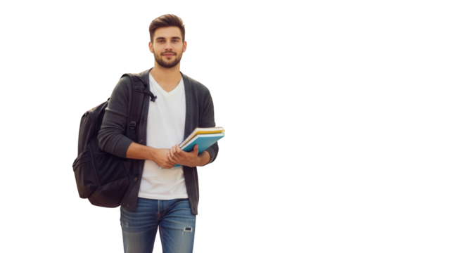 Young Man Student Carrying Backpack and Books male person people education learning school university college notebooks holding walking standing casual