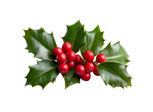Cluster of red holly berries surrounded by green leaves isolated on a transparent background