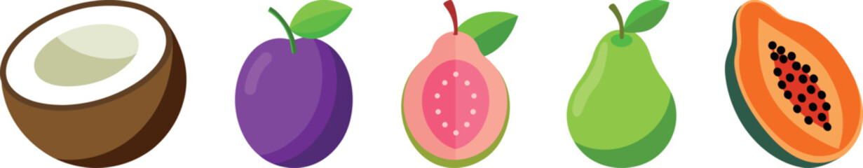 Tropical Fruit Vector Set with Coconut, Plum, Guava, Pear, and Papaya