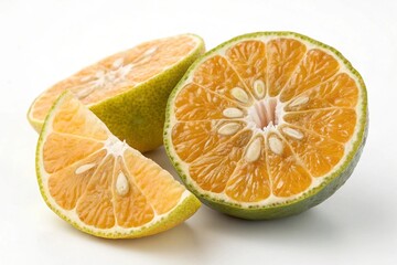 Fototapeta premium Freshly cut oranges with green rinds on white background
