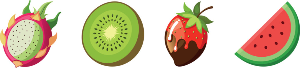 Fototapeta premium Juicy Fruit Vector Collection with Dragon Fruit, Kiwi, Strawberry, and Watermelon