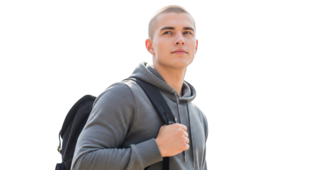 Young Man With Buzz Cut And Backpack Looking Up male person student bag travel journey adventure exploration thinking contemplating thoughtful