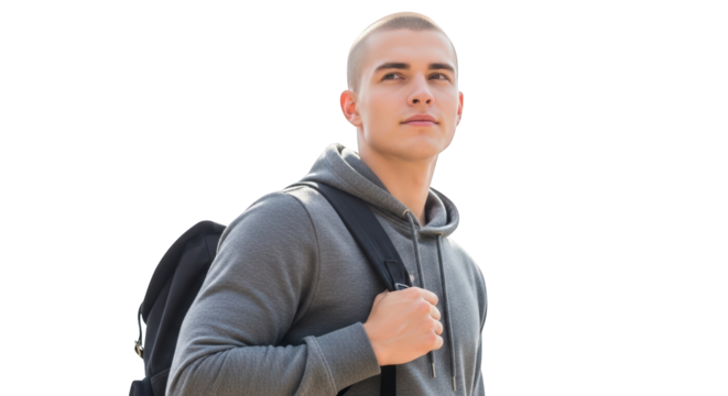 Young Man With Buzz Cut And Backpack Looking Up male person student bag travel journey adventure exploration thinking contemplating thoughtful