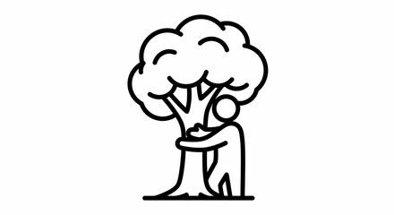 Simple line icon of a person hugging a tree, symbolizing love for nature, environmental conservation, and ecological harmony.