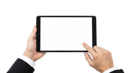 Clean human hands with neutral skin tones holding sleek horizontal tablet with blank white screen, finger touching it, on transparent studio background, concept of modern digital interaction