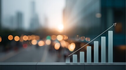Upward trending bar graph with arrows inscribed over a blurred financial district, symbolizing economic growth and market success with copy space