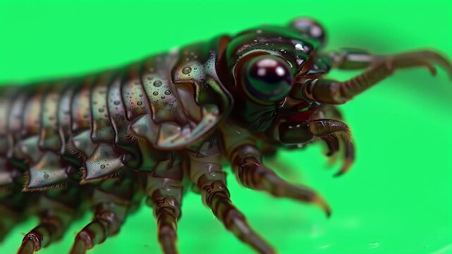 Macro close-up of a multi-legged arthropod with large eyes on a bright green background