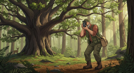 Fototapeta premium Wildlife photographer capturing a fleeting moment of a deer by an ancient oak tree in a sunlit forest.