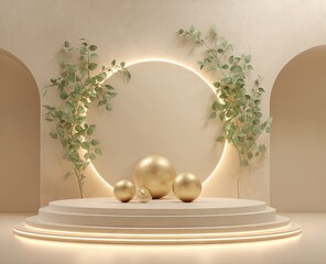 Beige minimalist podium with gold spheres, illuminated circular backdrop, and leafy branches