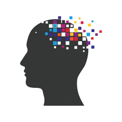 Human head profile silhouette with pixel squares breaking apart, mental health, memory loss, digital mind