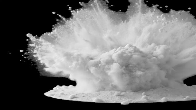 Dramatic Explosion of White Powder Against a Black Background Creating a Dynamic and Abstract Cloud Like Shape with Fine Particles and Textured