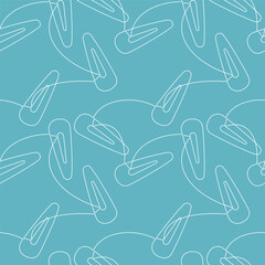 Hand drawn seamless pattern vector. Snap hair clips outline backdrop. Continuous line drawing illustration. Fashion wallpaper, beauty background, fabric, textile, blue wrapping paper print.