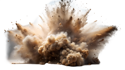 Powerful explosion with a massive burst of dust, debris, and smoke creating a dramatic and intense impact, symbolizing force and destruction isolated on transparent background