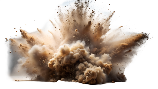 Powerful explosion with a massive burst of dust, debris, and smoke creating a dramatic and intense impact, symbolizing force and destruction isolated on transparent background