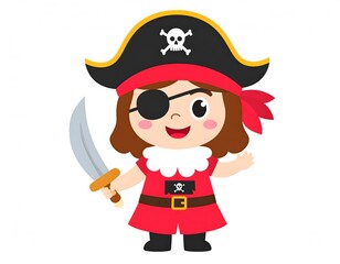 Cute cartoon pirate girl with an eyepatch and sword, dressed in a red buccaneer costume. A happy child character illustration for adventure or Halloween themes