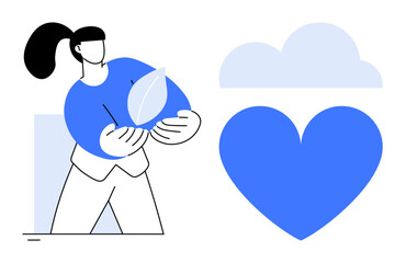 Person holding a leaf symbolizing eco-friendliness, with a large heart and cloud representing care and sustainability. Ideal for environment, health, wellness, nature, humanity, kindness, simple