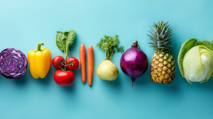 Blue background features different vegetables and fruits, copy space.









