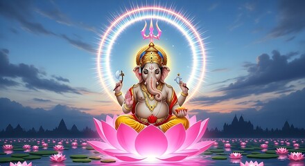 Ganesha seated on a lotus flower with a halo Hindu god