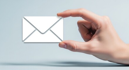 Hand Holding White Envelope Icon Against Soft Blue Background, Communication Concept