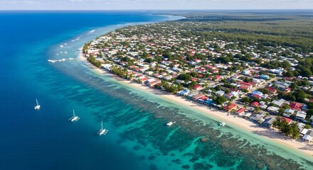 Aerial view of a tropical island village nestled along the coast with turquoise waters and lush greenery in a tranquil setting. 