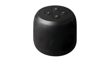 Close up of a black cylindrical speaker with control buttons on top against black background